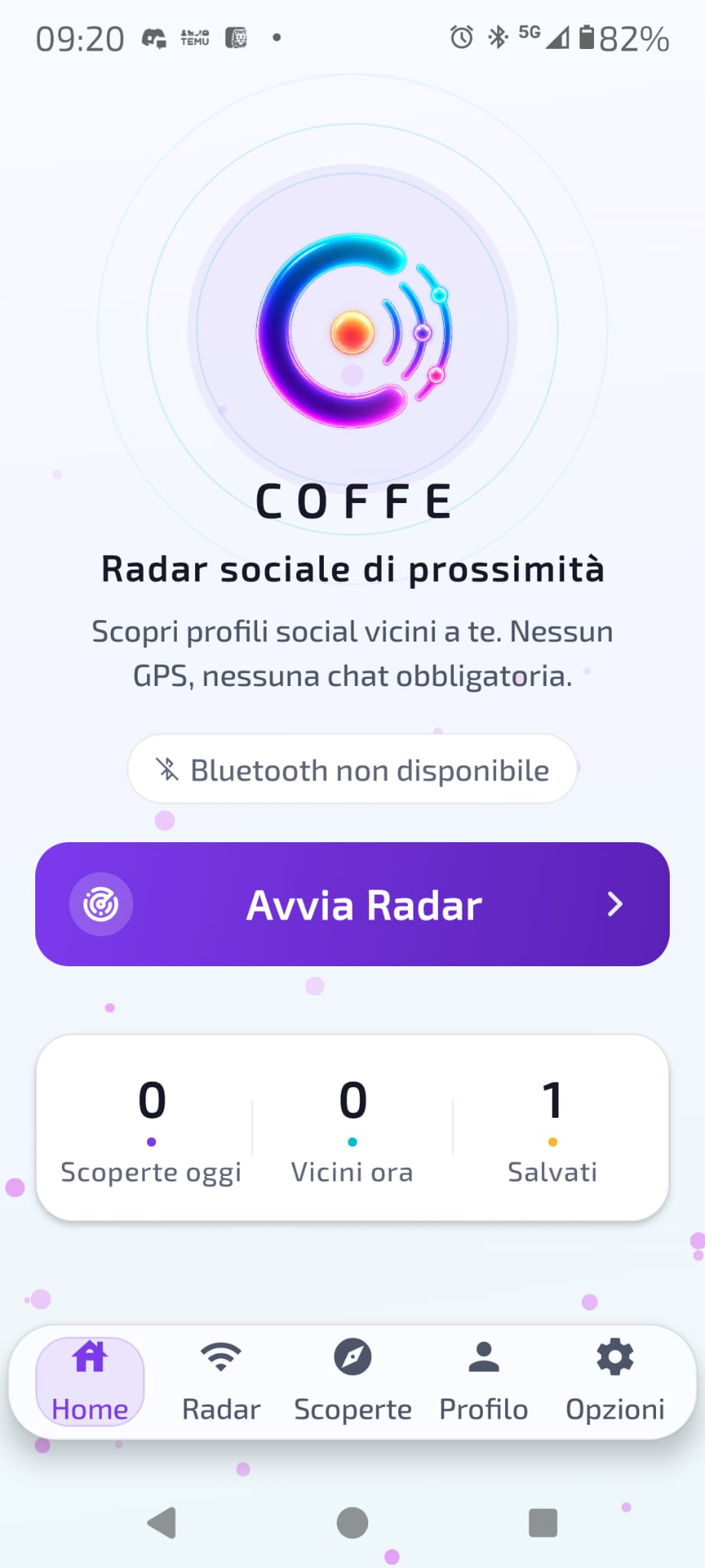 Anteprima della Home COFFE con logo, radar e pulsante Avvia Radar